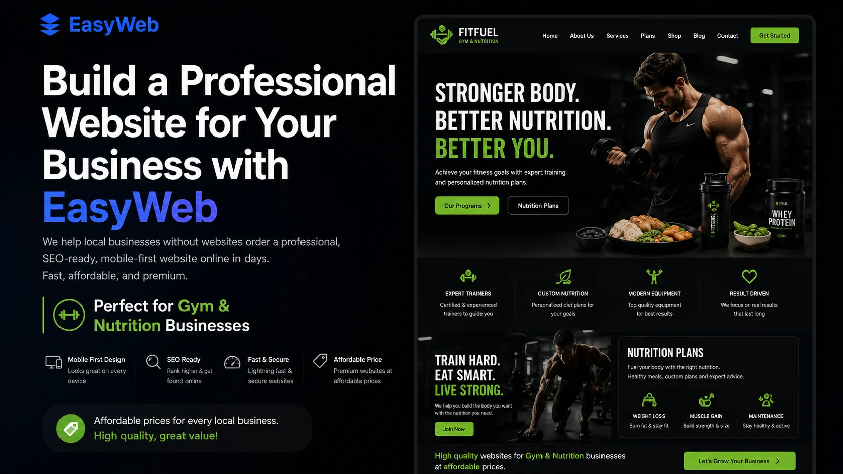 EasyWeb website example for a gym and nutrition business