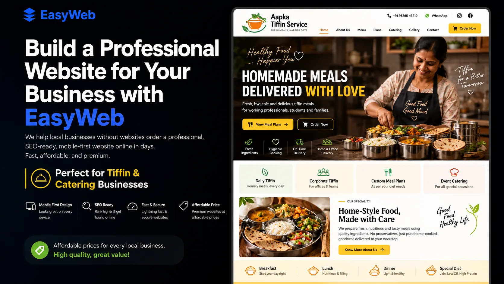 EasyWeb website example for a tiffin and catering business
